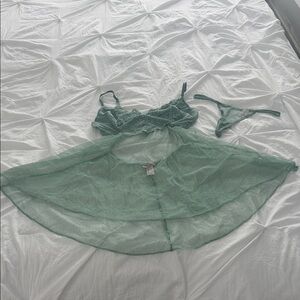 Victoria's Secret Sheer Lace Babydoll Chemise w/ Matching Thong Sage Green SZ S